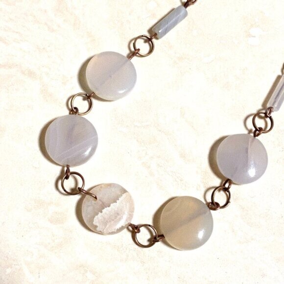 Geometric Round Agate Necklace, Rustic Genuine Gemstone Copper Link Necklace - Picture 5 of 9